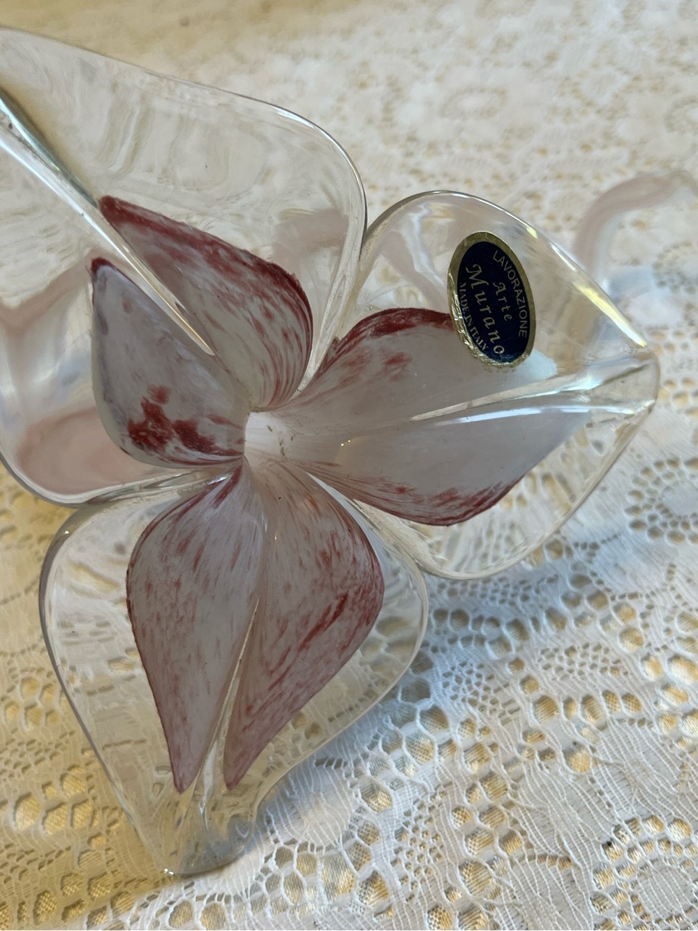 Murano Clear Glass Flower Sculpture with Rose-Red Veining